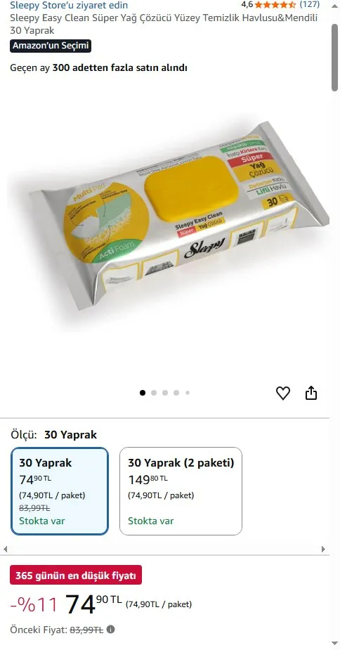 Sleepy Easy Clean Süper Yağ Çözücü Yüzey Temizlik Havlusu&Mendili 30 Yaprak
