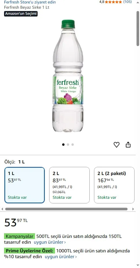 Ferfresh Beyaz Sirke 1 Lt