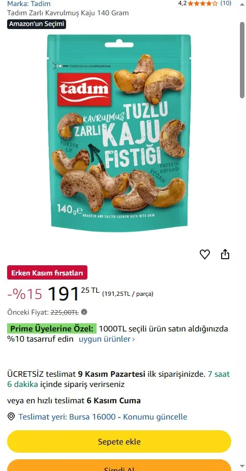 Tadım Zarlı Kavrulmuş Kaju 140 Gram