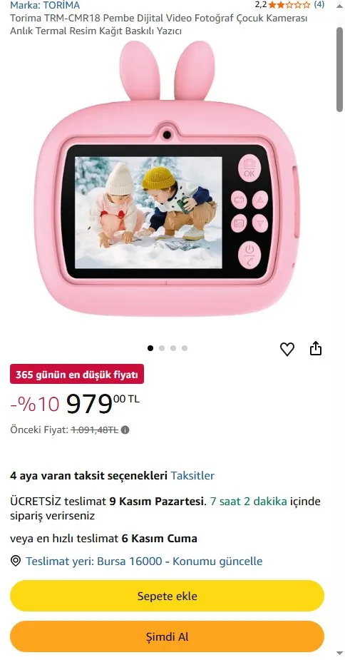 Torima TRM-CMR18 Pembe Dijital Video Fotoğraf Çocuk Kamerası Anlık Termal Resim Kağıt Baskılı Yazıcı