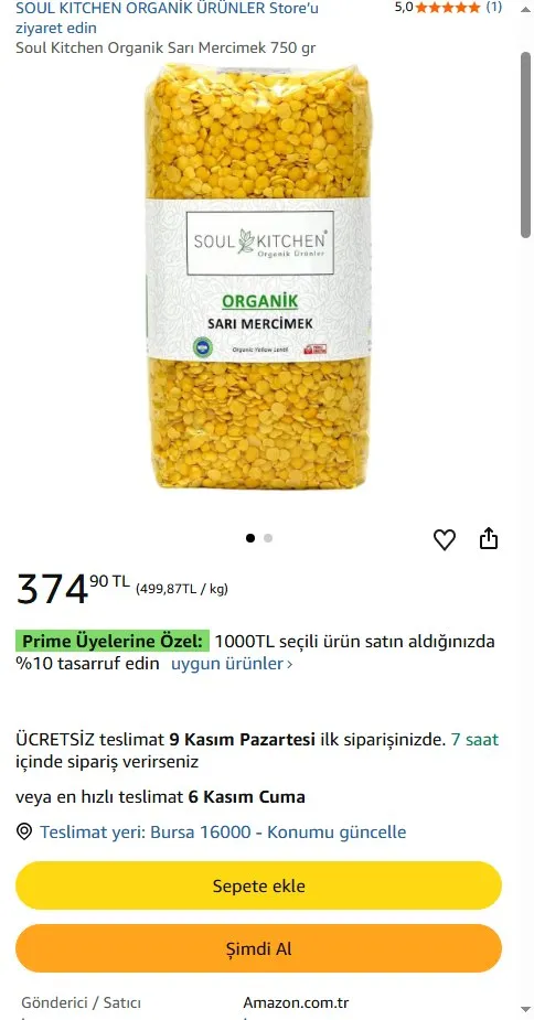 Soul Kitchen Organik Sarı Mercimek 750 gr
