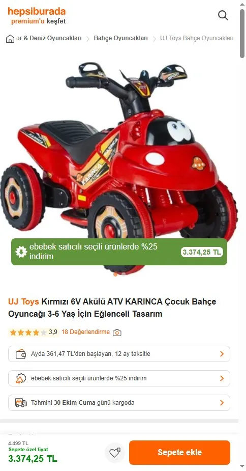 UJ Toys Kırmızı 6V Akülü ATV KARINCA Çocuk Bahçe Oyuncağı 3-6 Yaş İçin Eğlenceli Tasarım