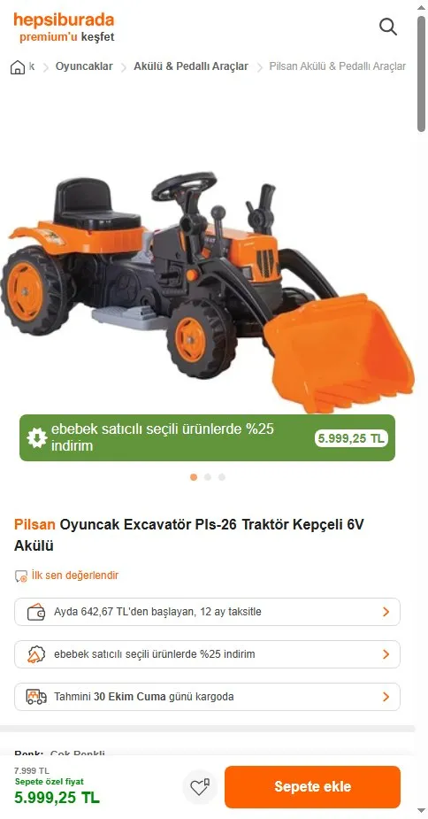 Pilsan Oyuncak Excavatör Pls-26 Traktör Kepçeli 6V Akülü