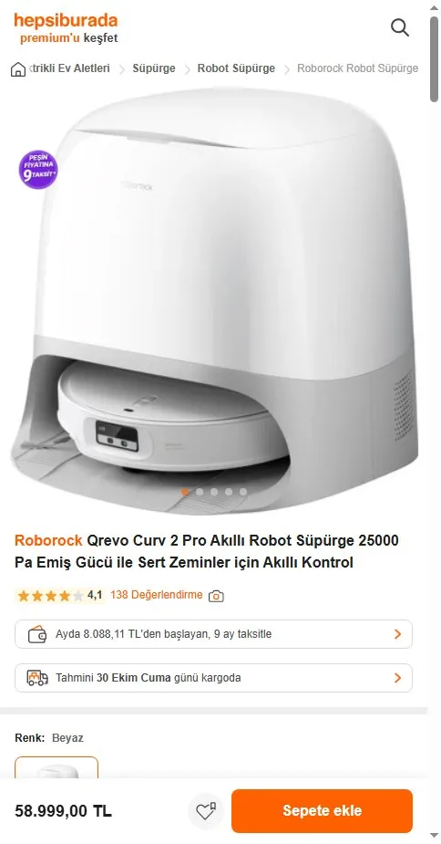 Roborock Qrevo Curv 2 Pro Akıllı Robot Süpürge 25000 Pa Emiş Gücü ile Sert Zeminler için Akıllı Kontrol