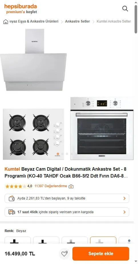 Kumtel Beyaz Cam Digital / Dokunmatik Ankastre Set - 8 Programlı (KO-40 TAHDF Ocak B66-Sf2 Ddt Fırın DA6-835 Davlumbaz)