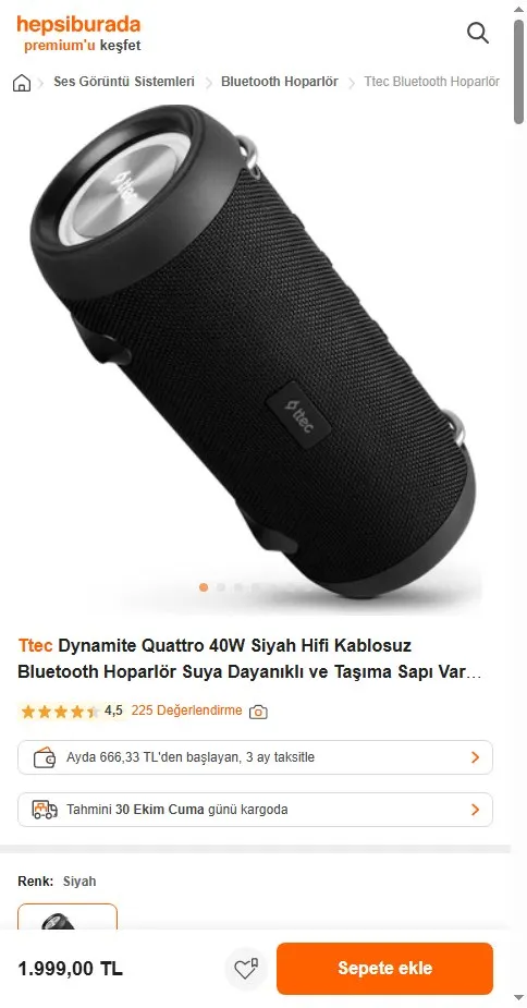 Ttec Dynamite Quattro 40W Siyah Hifi Kablosuz Bluetooth Hoparlör Suya Dayanıklı ve Taşıma Sapı Var 2BH08S