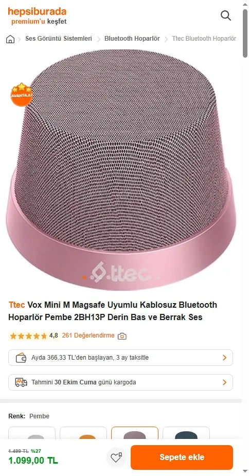 Ttec Vox Mini M Magsafe Uyumlu Kablosuz Bluetooth Hoparlör Pembe 2BH13P Derin Bas ve Berrak Ses