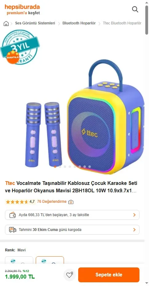 Ttec Vocalmate Taşınabilir Kablosuz Çocuk Karaoke Seti ve Hoparlör Okyanus Mavisi 2BH18OL 10W 10.9x9.7x14.2 cm Boyut