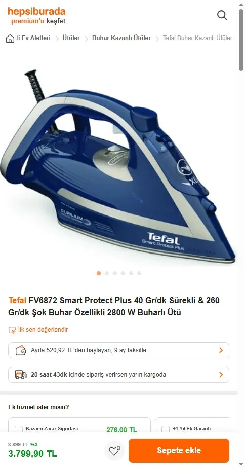 Tefal FV6872 Smart Protect Plus 40 Gr/dk Sürekli & 260 Gr/dk Şok Buhar Özellikli 2800 W Buharlı Ütü