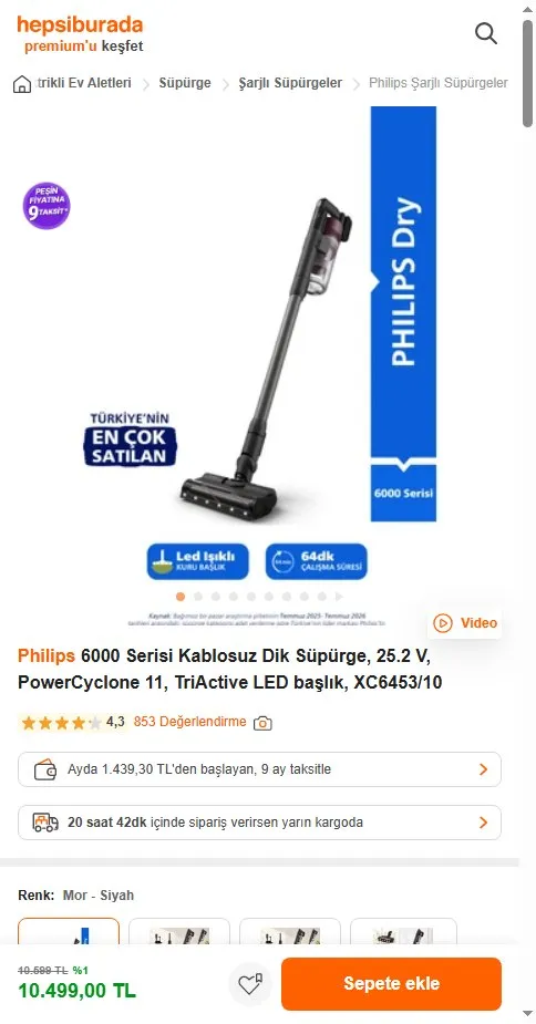 Philips 6000 Serisi Kablosuz Dik Süpürge, 25.2 V, PowerCyclone 11, TriActive LED başlık, XC6453/10