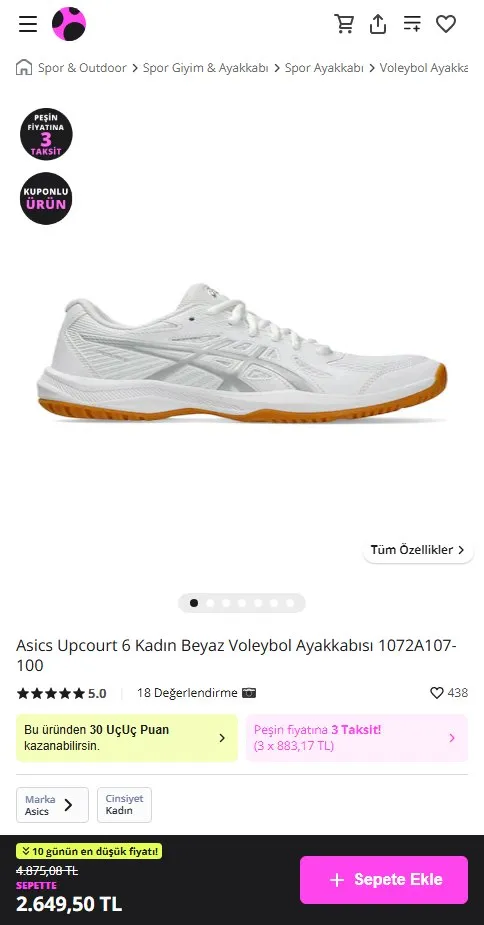 Asics Upcourt 6 Kadın Beyaz Voleybol Ayakkabısı 1072A107-100