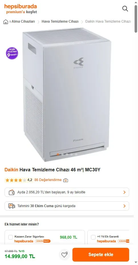 Daikin Hava Temizleme Cihazı 46 m²| MC30Y