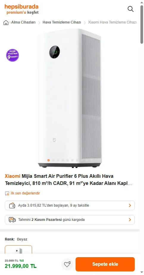 Xiaomi Mijia Smart Air Purifier 6 Plus Akıllı Hava Temizleyici, 810 m³/h CADR, 91 m²'ye Kadar Alanı Kaplar, HEPA Filtre, UVC Sterilizasyon, PM2.5 Sensör, Beyaz (Xiaomi Türkiye Garantili)