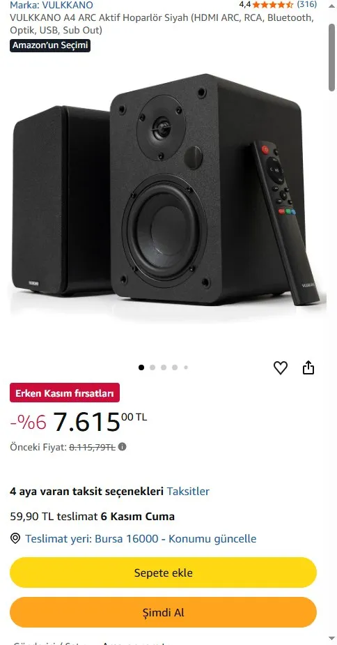 VULKKANO A4 ARC Aktif Hoparlör Siyah (HDMI ARC, RCA, Bluetooth, Optik, USB, Sub Out)