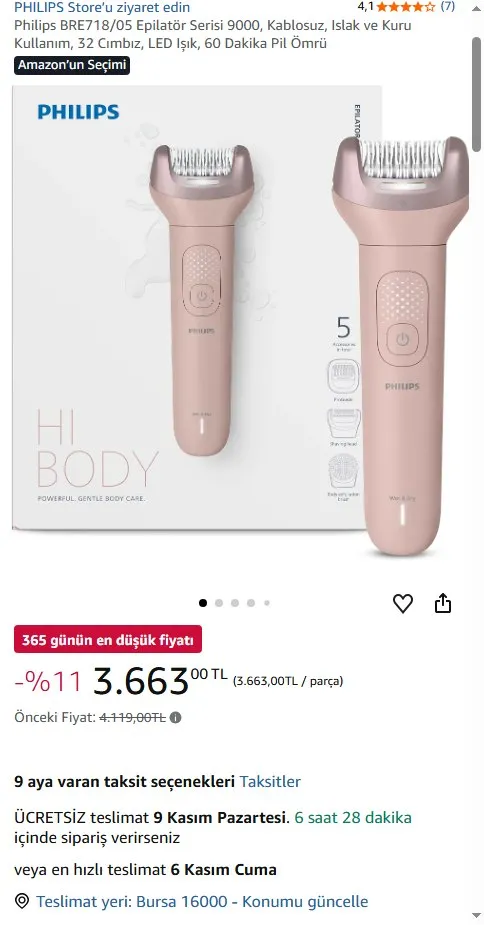 Philips BRE718/05 Epilatör Serisi 9000, Kablosuz, Islak ve Kuru Kullanım, 32 Cımbız, LED Işık, 60 Dakika Pil Ömrü