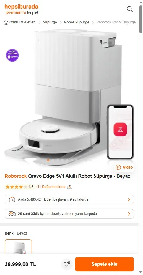 Roborock Qrevo Edge 5V1 Akıllı Robot Süpürge - Beyaz