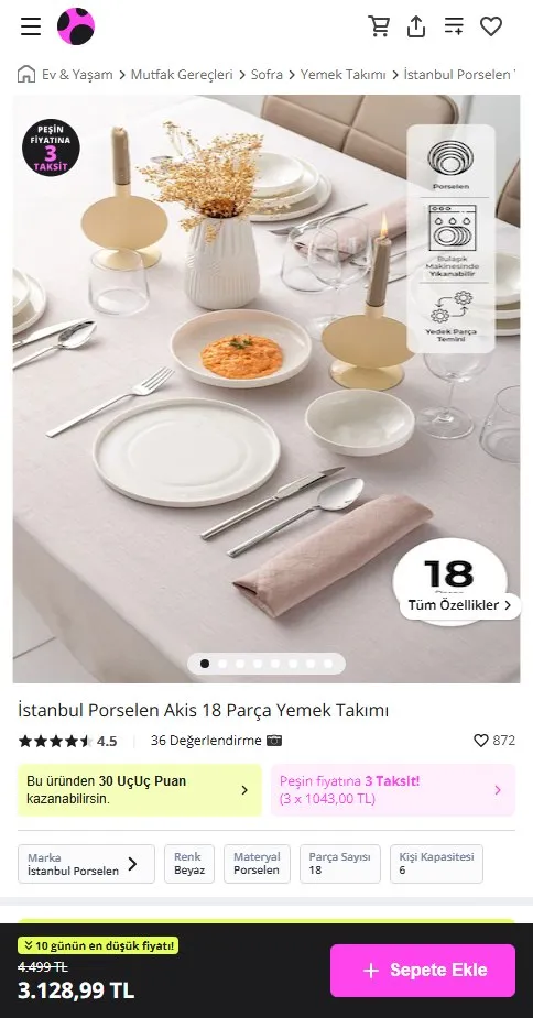 İstanbul Porselen Akis 18 Parça Yemek Takımı