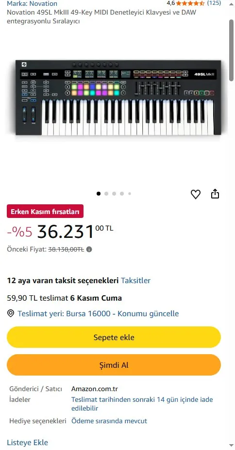 Novation 49SL MkIII 49-Key MIDI Denetleyici Klavyesi ve DAW entegrasyonlu Sıralayıcı