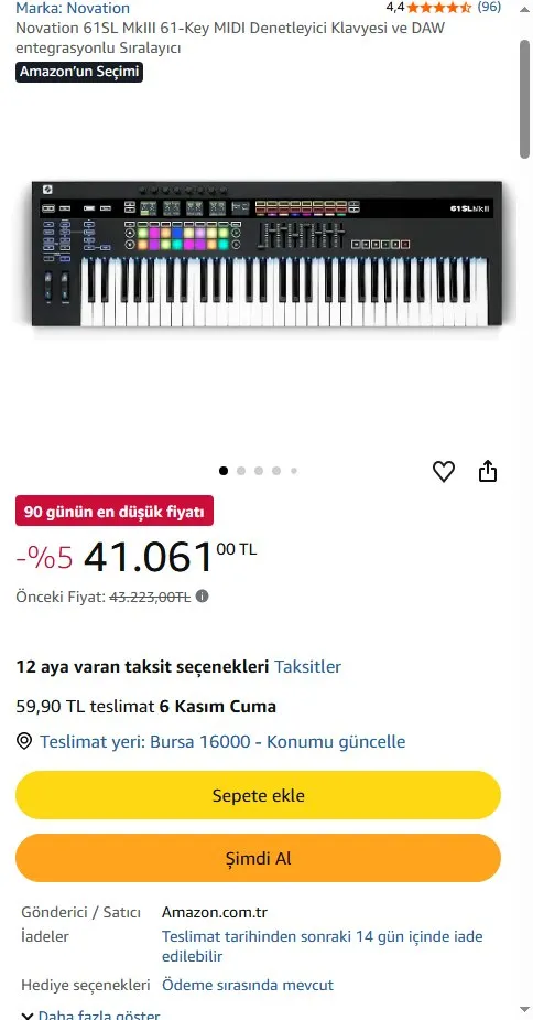 Novation 61SL MkIII 61-Key MIDI Denetleyici Klavyesi ve DAW entegrasyonlu Sıralayıcı