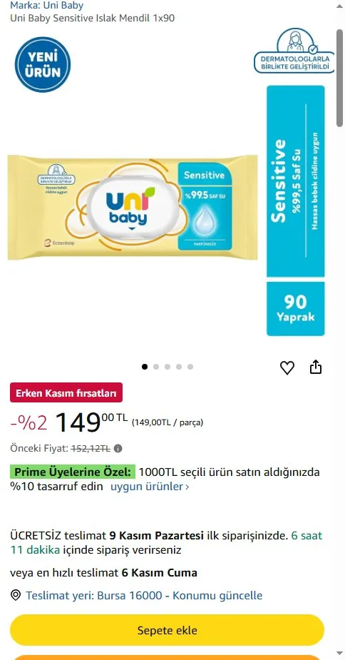 Uni Baby Sensitive Islak Mendil 1x90