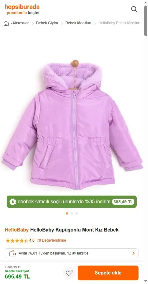 HelloBaby HelloBaby Kapüşonlu Mont Kız Bebek