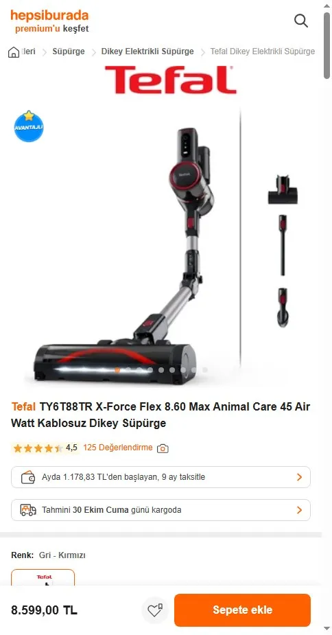 Tefal TY6T88TR X-Force Flex 8.60 Max Animal Care 45 Air Watt Kablosuz Dikey Süpürge