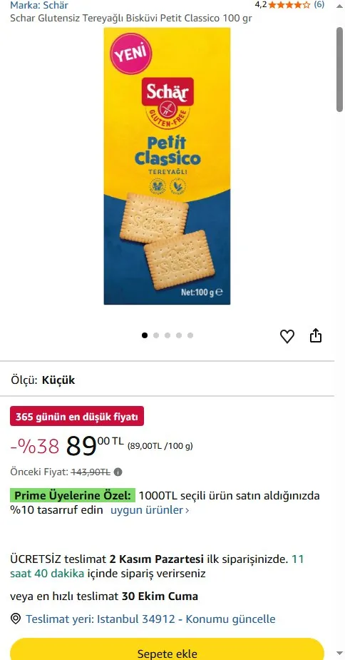 Schar Glutensiz Tereyağlı Bisküvi Petit Classico 100 gr