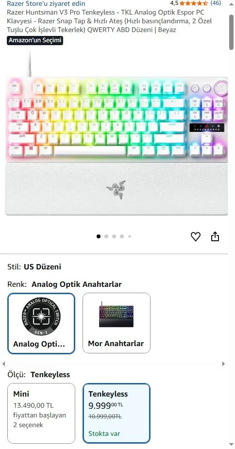 Razer Huntsman V3 Pro Tenkeyless - TKL Analog Optik Espor PC Klavyesi - Razer Snap Tap & Hızlı Ateş (Hızlı basınçlandırma, 2 Özel Tuşlu Çok İşlevli Tekerlek) QWERTY ABD Düzeni | Beyaz