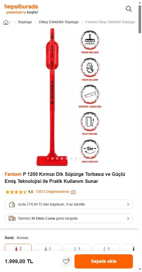 Fantom P 1200 Kırmızı Dik Süpürge Torbasız ve Güçlü Emiş Teknolojisi ile Pratik Kullanım Sunar
