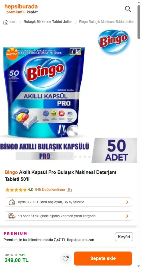 Bingo Akıllı Kapsül Pro Bulaşık Makinesi Deterjanı Tableti 50'li
