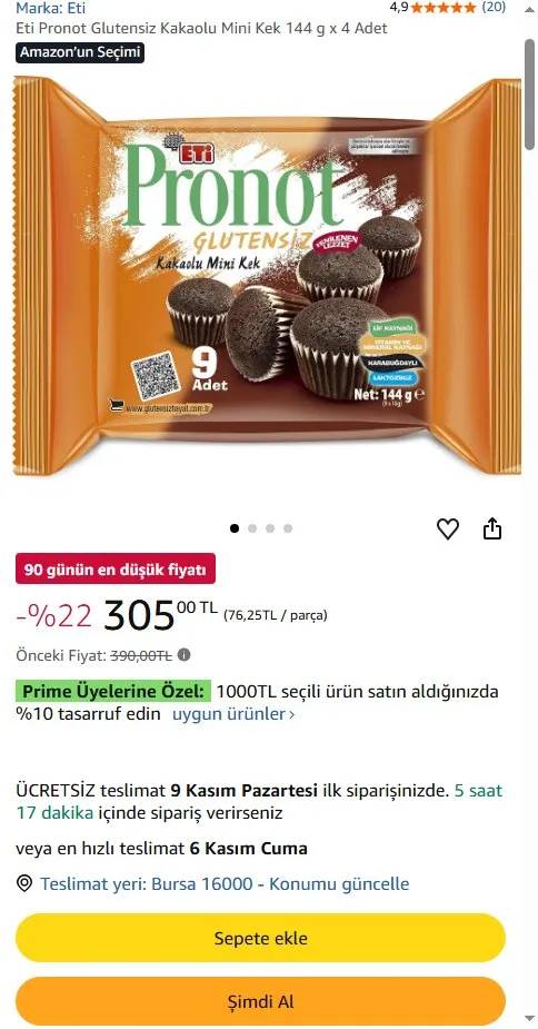 Eti Pronot Glutensiz Kakaolu Mini Kek 144 g x 4 Adet