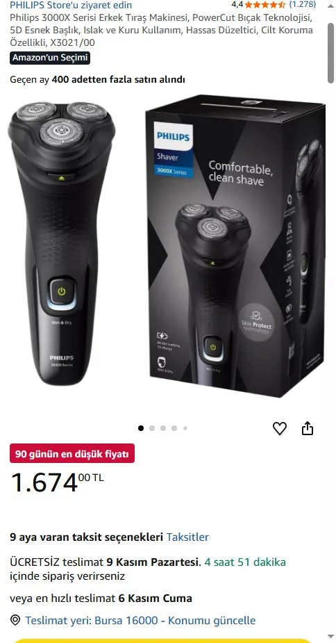 Philips 3000X Serisi Erkek Tıraş Makinesi, PowerCut Bıçak Teknolojisi, 5D Esnek Başlık, Islak ve Kuru Kullanım, Hassas Düzeltici, Cilt Koruma Özellikli, X3021/00