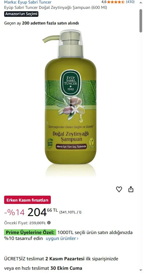 Eyüp Sabri Tuncer Doğal Zeytinyağlı Şampuan (600 Ml)