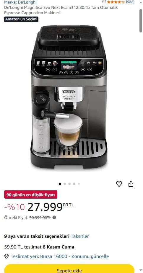 De'Longhi Magnifica Evo Next Ecam312.80.Tb Tam Otomatik Espresso Cappuccino Makinesi