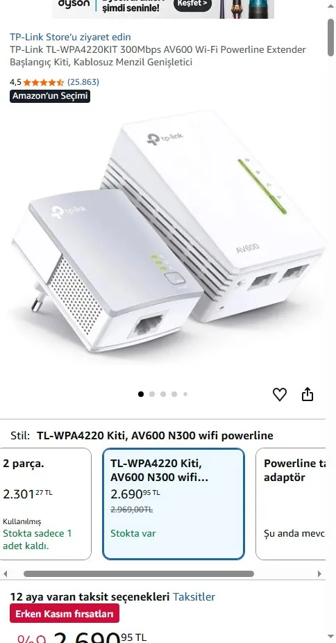 TP-Link TL-WPA4220KIT 300Mbps AV600 Wi-Fi Powerline Extender Başlangıç Kiti, Kablosuz Menzil Genişletici