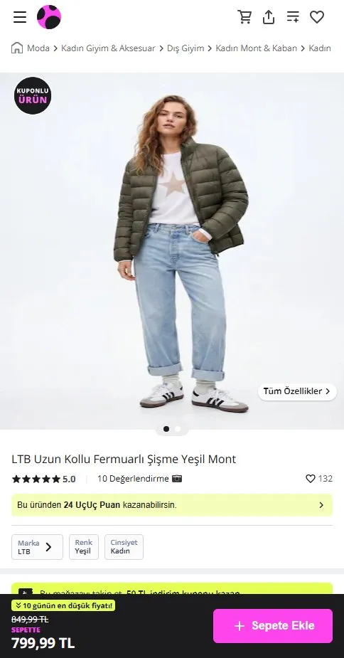 LTB Uzun Kollu Fermuarlı Şişme Yeşil Mont
