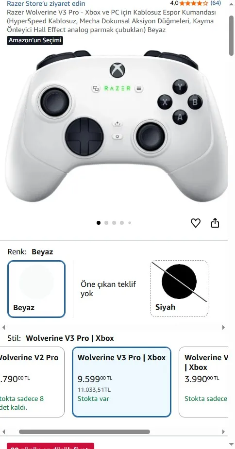 Razer Wolverine V3 Pro - Xbox ve PC için Kablosuz Espor Kumandası (HyperSpeed Kablosuz, Mecha Dokunsal Aksiyon Düğmeleri, Kayma Önleyici Hall Effect analog parmak çubukları) Beyaz
