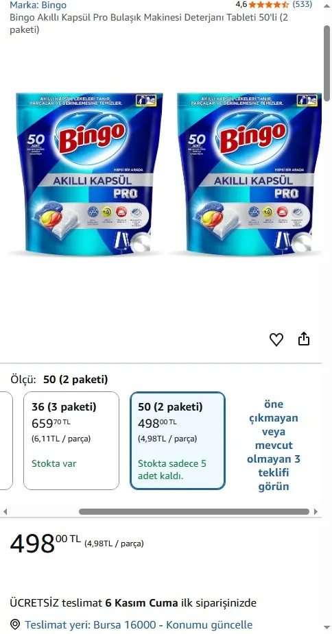 Bingo Akıllı Kapsül Pro Bulaşık Makinesi Deterjanı Tableti 50'li (2 paketi)