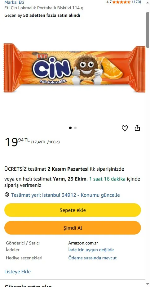 Eti Cin Lokmalık Portakallı Bisküvi 114 g