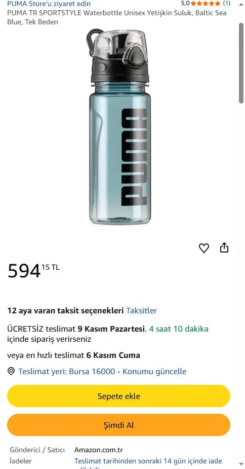 PUMA TR SPORTSTYLE Waterbottle Unisex Yetişkin Suluk, Baltic Sea Blue, Tek Beden