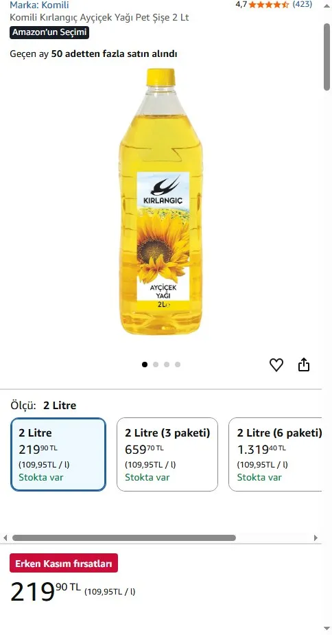 Komili Kırlangıç Ayçiçek Yağı Pet Şişe 2 Lt