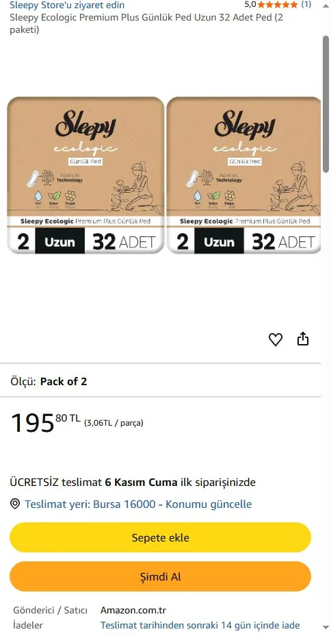 Sleepy Ecologic Premium Plus Günlük Ped Uzun 32 Adet Ped (2 paketi)