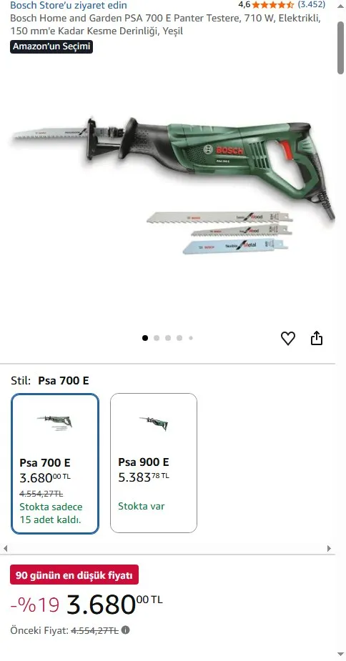 Bosch Home and Garden PSA 700 E Panter Testere, 710 W, Elektrikli, 150 mm'e Kadar Kesme Derinliği, Yeşil