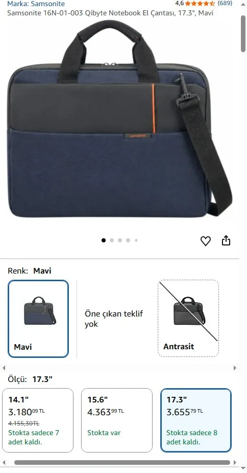 Samsonite 16N-01-003 Qibyte Notebook El Çantası, 17.3", Mavi
