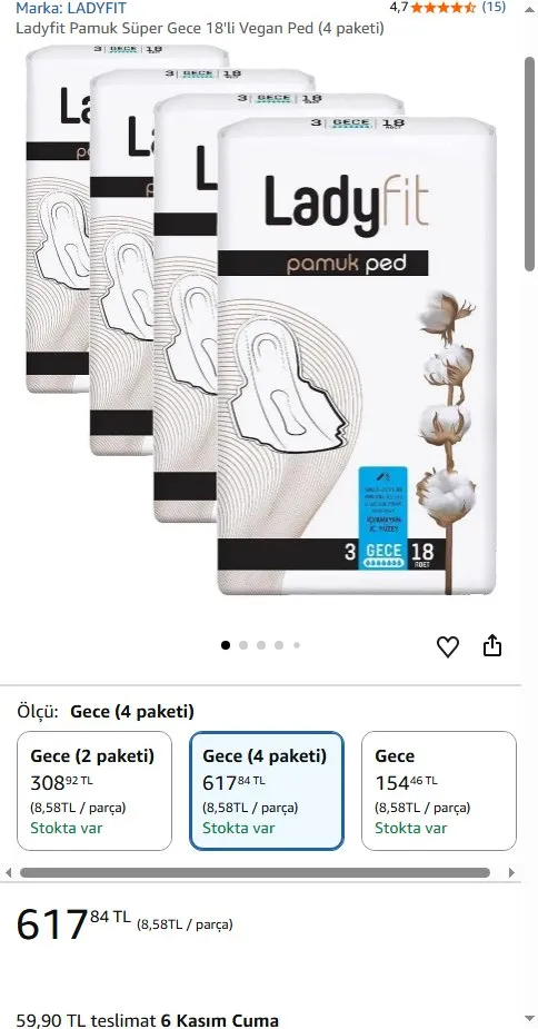 Ladyfit Pamuk Süper Gece 18'li Vegan Ped (4 paketi)
