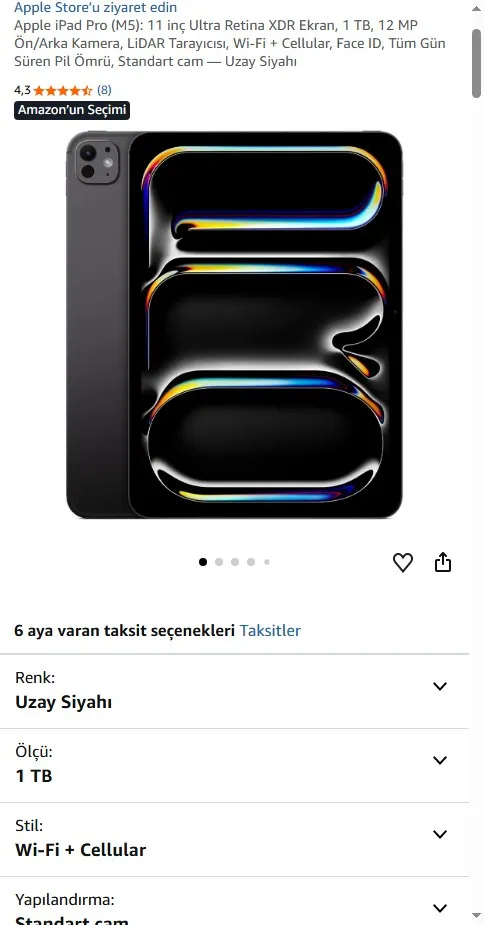 Apple iPad Pro (M5): 11 inç Ultra Retina XDR Ekran, 1 TB, 12 MP Ön/Arka Kamera, LiDAR Tarayıcısı, Wi-Fi + Cellular, Face ID, Tüm Gün Süren Pil Ömrü, Standart cam — Uzay Siyahı