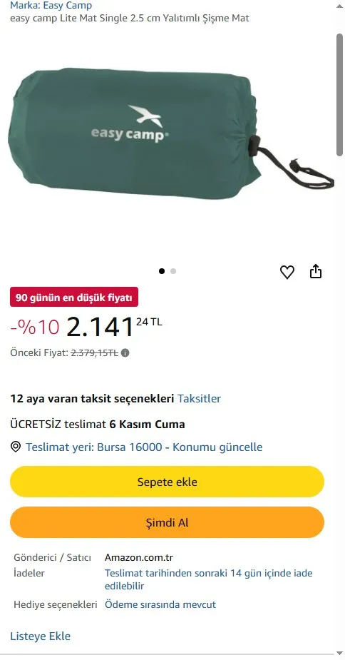 easy camp Lite Mat Single 2.5 cm Yalıtımlı Şişme Mat