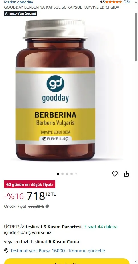GOODDAY BERBERİNA KAPSÜL 60 KAPSÜL TAKVİYE EDİCİ GIDA