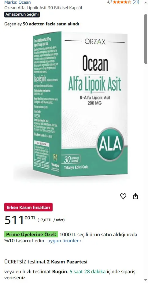 Ocean Alfa Lipoik Asit 30 Bitkisel Kapsül