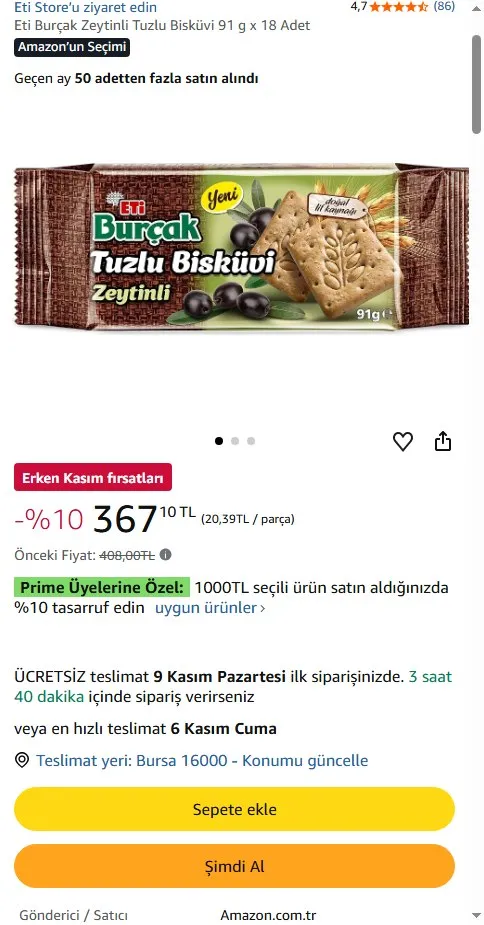 Eti Burçak Zeytinli Tuzlu Bisküvi 91 g x 18 Adet